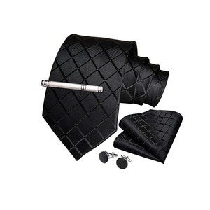 Men's Silk Tie + Pocket Square + Cufflinks + Tie Clip 4 Piece Set